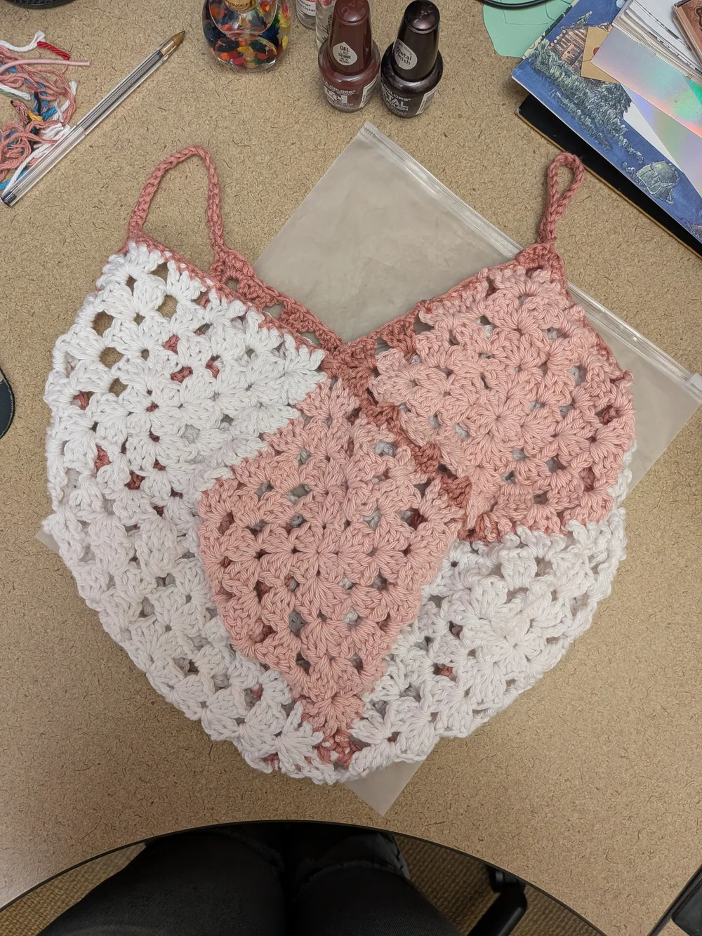 Handmade Crochet Hobo Bag - Pink & White